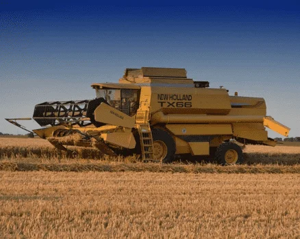 New Holland Rice Harvester is efficiently harvesting mature rice plants in a picturesque rice field.
